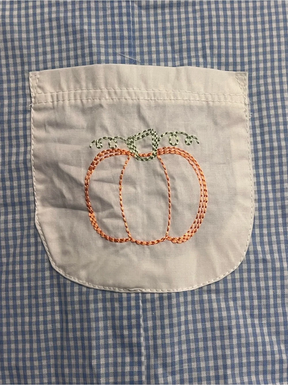 Light Blue Gingham Kids Overalls with Pumpkin Pocket Great Fall Style